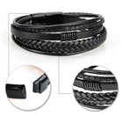 Men Jewelry Black Braided Leather Bracelet Multi-layer Stainless Steel Clasp A