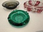 Vintage Ashtray Lot Of 3 - Emerald Green Starburst Cranberry Gray Glass Mcm