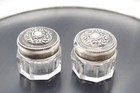 Antique Pair Sterling Silver Lidded Cut Crystal Vanity Jars C 1900