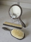 Antique Silver Plated Vanity 3 Pc Set Hand Mirror Hair Brush   Comb Heavy Euc 