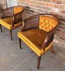Vintage Mcm Regency Brown Barrel Cane Chairs W  Orange Velvet  lot Of 2 