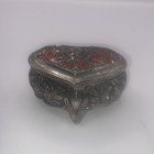 Vintage Silver Tone Heart Trinket Jewelry Box W  Rose And Red Velvet Japan