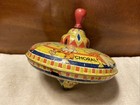 Vintage Wyandotte 7    Tin Litho Spinning Top W wooden Handle-works