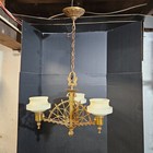 A  Ornate 1920s 30s Brass Art Deco Spear 3 Arm Chandelier W  Custard Shades