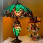 Green Tiffany Style Table Lamp Stained Glass Vintage Victorian Design Lit Base