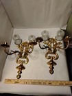 Pair Of Vintage Brass 2 Arm Wall Sconces With Crackle Glass Candle Cups