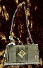 Vtg Enamel Wrist Chain Purse Flapper Lip Rouge Powder Compact Guilloche Case