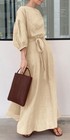 Women Elegant Long Dress Boat Neck 3 4 Lantern Sleeve Cotton Linen Dress W Belt
