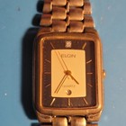Elgin Quartz Vintage Date Black Dial Gold Case Silver Steel Bracelet Rectangle