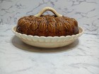 Ceramic Walnut Covered Pie Plate Keeper Dish With Lid  Fluted Base Vtg