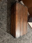 Wood Storage Trunk Chest Hinged Lidded Top Metal Trim Brown Wood Grain