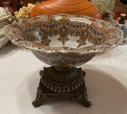 11   w Ornate Porcelain Pedestal Bowl W  Brass Stand  Victorian Style Centerpiece 