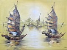 Vintage Mid Century Original Asian Boats Oil Painting Wooden Frame Signed 30 5   