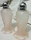 Vintage Pink Frosted Etched Flowers Salt   Pepper Shakers W  Ruffled Base