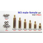 250pcs Solid Brass M3 Hex Column Standoff  Spacer Screw Nut Assortment Kit Pcb