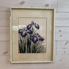 Vintage Iris Floral Embroidery Needlework Framed Textile Art Purple Flowers