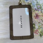 Coach Id Badge Card Holder Lanyard Signature Canvas Leather Khaki Brown Gold Nwt