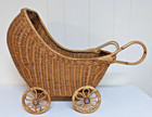 Vtg Natural Wicker Rattan Hooded Baby Doll Stroller Buggy Carriage 24 l X 18 h