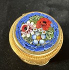 Micro Mosaic Flower Gold Tone Round Pill trinket Box Red White Flowers Vintage