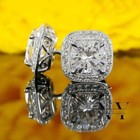 Moissanite Halo Stud Earrings Solid 14k White Gold 3 Carat Cushion Cut For Women