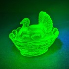 Boyd Crystal Art Glass Turkey On Nest Vaseline Carnival - Uranium Glass