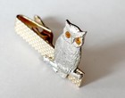 Owl Tie Bar Clip Vintage Silver Gold Tones Orange Rhinestones Bird Lover Wizard