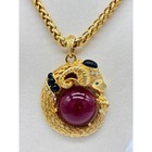 Rare Vintage 70 s Signed Gem Craft Ram s Head Cabochon And Rhinestone Necklace