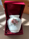 Vintage Cream Porclain Vase With Basket Weave Design With Raised Pink Roses 