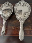 Vtg Art Nouveau Style Heavy Vanity Hand Mirror Brush Silver Plate Floral Scroll