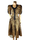 Leopard Print Vintage Dress Size 12 Xl  Black Details Drop V Waist Button Front