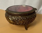Vintage Brass   Velvet Ormolu Filigree Casket Jewelry Trinket Box