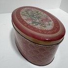 Vintage Lotus Leaves   Flowers Oval Tin  Empty  Floral Burgundy