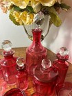 Vintage Baccarat Cranberry To Clear Vanity Trinket Ring Perfume Dresser Jar Set