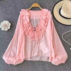 Lady Lolita Ruffles Shirts Tops Puff Sleeve Blouse T-shirts Sheer Princess Shirt