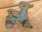 Vintage Wooden Blue Duck Pull Toy With Original String