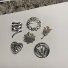 Lot Of 6 Vintage - Modern Brooch Pins - Silver Tone - Rose  Heart  Etc
