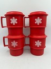 4 Christmas Tupperware Mugs Holiday Cups   Coasters Red Snowflake 1312 Vtg