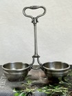 Vintage Italian Pewter Condiment Dish With Two Bowls And Decorative Handle