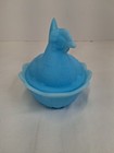 Vintage 1970s Fenton Blue Satin Glass Hen Dish - 5 5 Inch Hen On Nest
