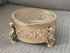 Vtg Ormolu Filigree Jewelry Casket Trinket Box W Beveled Glass   Cherub Feet