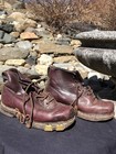 Vintage Antique 30   s 40   s Red Leather Brass  Kids Winter Ski Boots Skiing Decor