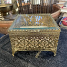 Vtg Ormolu Beveled Glass Casket Jewelry Box Square Floral Gold Filigree