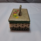 Vintage Wicker Sewing Basket Floral Painted Lid Mid Century 1950s Box