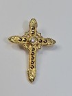Christian Cross Lapel Pin Gold Color Metal Faux Clear Jewel 