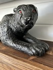 Vtg Mid Century Black silver Cheetah Leopard Figure Laying 24    Jewel Eyes Mcm