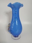 Hand Blown Blue Art Glass Ruffled Edge White Cased Footed Bud Vase 7 