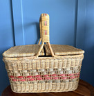 Vintage Wicker Picnic Market Basket Double Lid Terracotta Sage Large