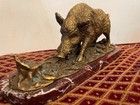 Antique Bronze Hunter Wild Boar Pig Animal Figure Statue Sculpture- Brass Russia