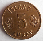1960 Iceland 5 Aurar - Excellent Coin - Free Ship - Bin  340