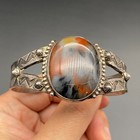 Vintage Navajo Petrified Wood Hand Stampwork Silver Cuff Bracelet 6-7 8 